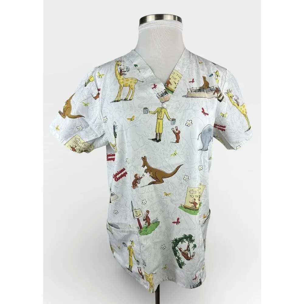 ✨2/$20 Curious George Adventures Cartoon Nurse CNA V-Neck Scrub Top Large - Picture 2 of 13